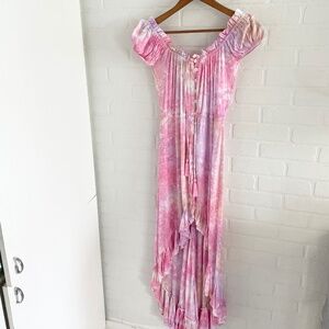 Anthropologie x Tiare Hawaii High low maxi dress Tie dye Ruffled Beachy Pink OS